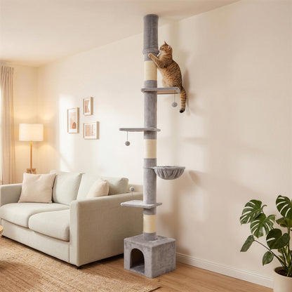Light Grey Floor-to-Ceiling Cat Tree | Adjustable 230-250 cm Cat Tower with 6 Levels, Scratching Posts, Hammock, Condo & Toy Balls | Up to 5 kg