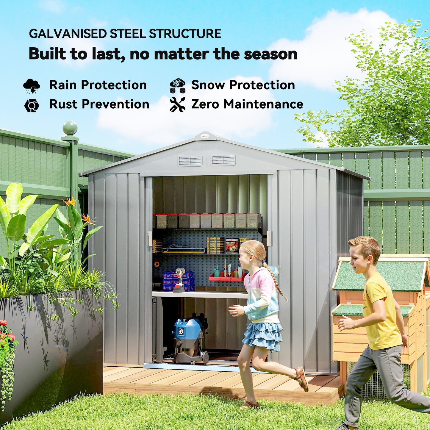 Galvanised Steel Garden Tool Storage Shed | Double Sliding Lockable Door | 4 Vents | Sloped Roof | Foundation Kit Included | 213x130x185cm | Light Grey