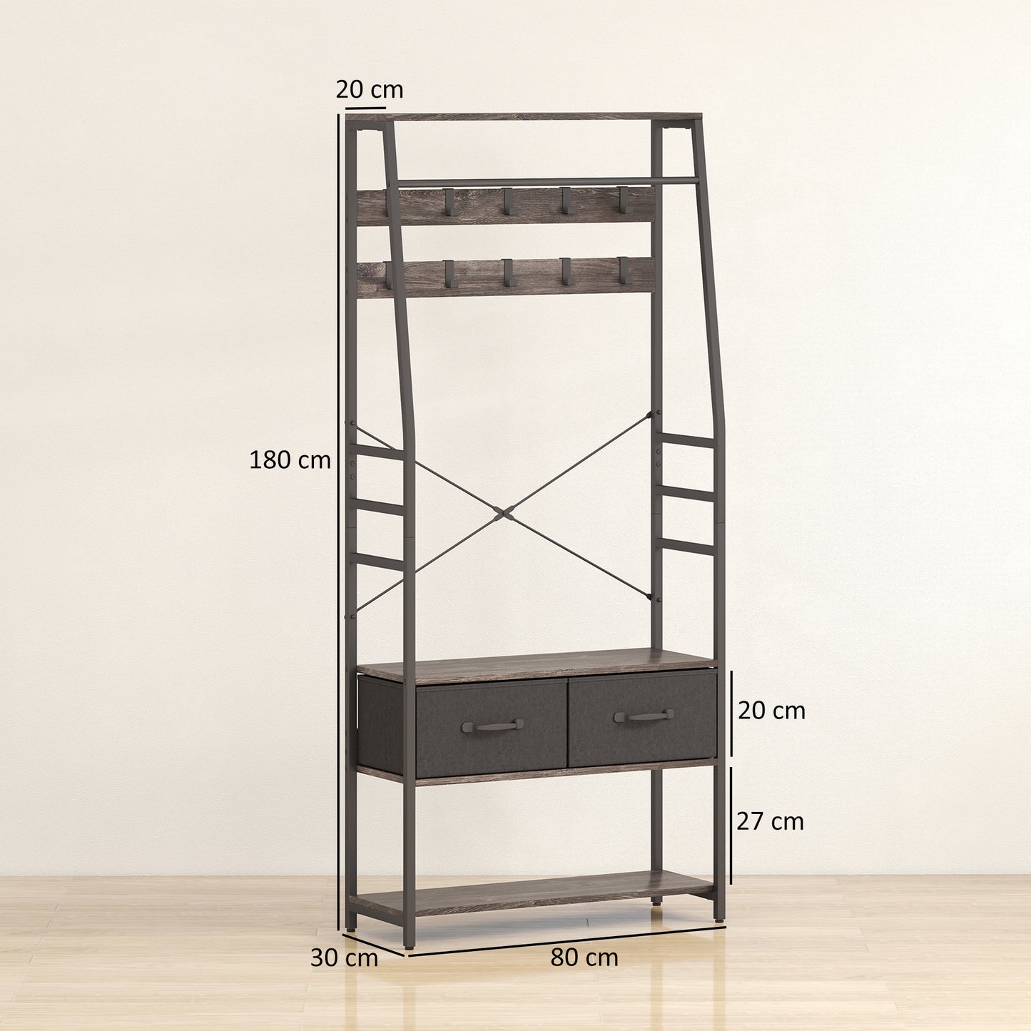 Coat Rack with Shoe Storage, Hall Tree, Industrial Coat Stand with Shoe Bench, 10 Removable Hooks, 2 Fabric Drawers and Clothes Rail, Grey