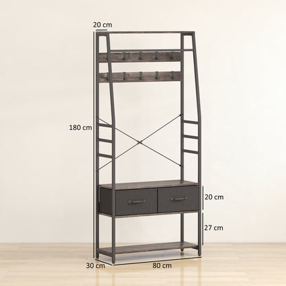 Coat Rack with Shoe Storage, Hall Tree, Industrial Coat Stand with Shoe Bench, 10 Removable Hooks, 2 Fabric Drawers and Clothes Rail, Grey