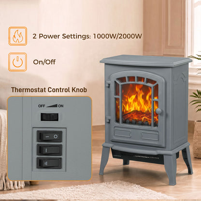 Freestanding Electric Fireplace Stove | 1000W/2000W | LED Flame Effect | Adjustable Thermostat | Grey
