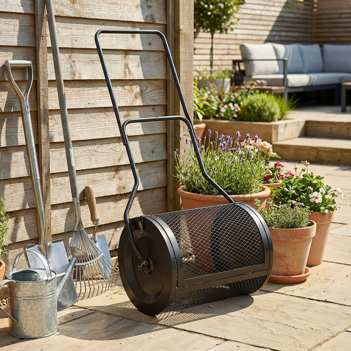75L Compost & Peat Moss Spreader | 20" Rolling Barrel | Detachable U-Handle | Metal Mesh Door | Rust-Proof Powder-Coated | Garden Lawn | Black