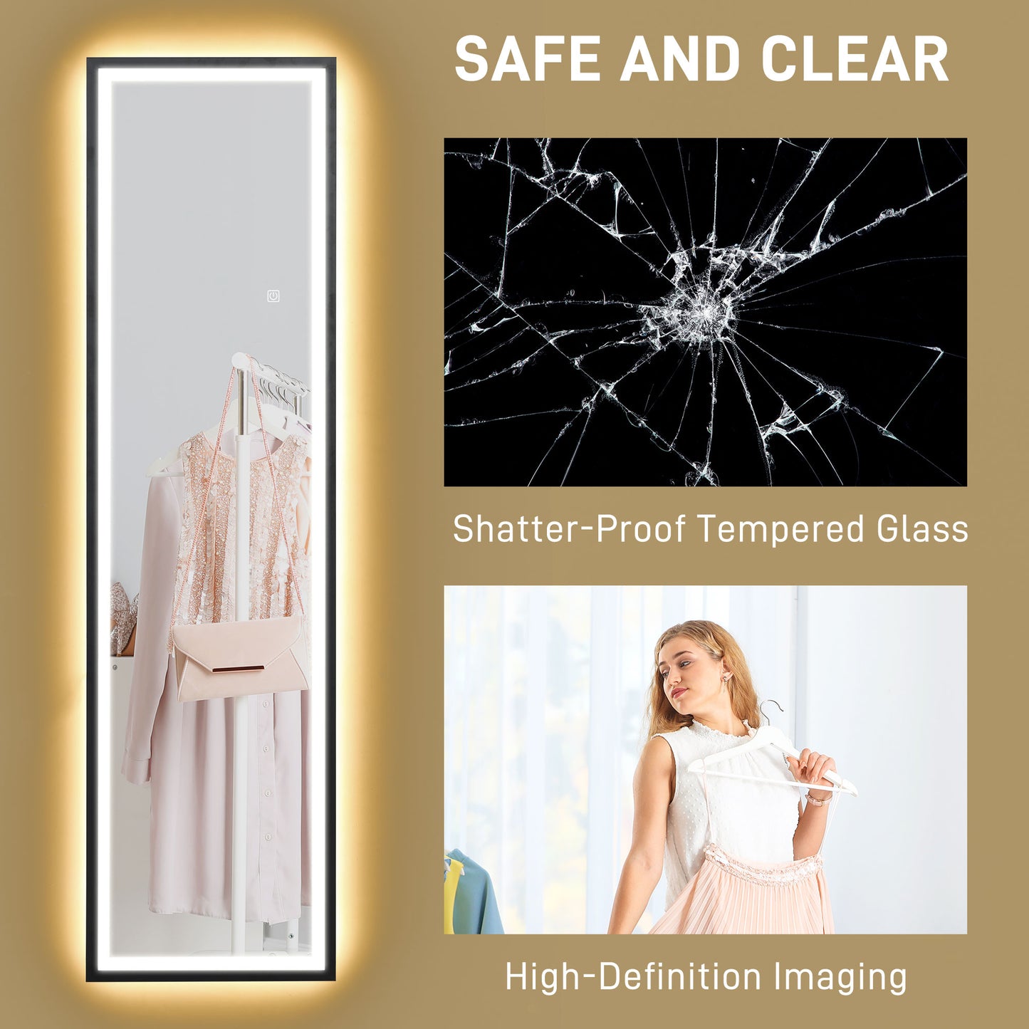 Full Length Mirror with LED Lights, 150 x 40cm Free Standing Mirror with Dimming and 3 Colour Lighting, Leaning or Wall Mirror - Black