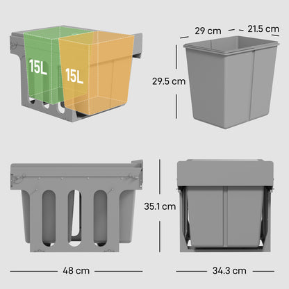 Pull Out Bin, Under Sink Bin - 2 Removable Compartments (15L Each) for 400mm Cabinets, Light Grey