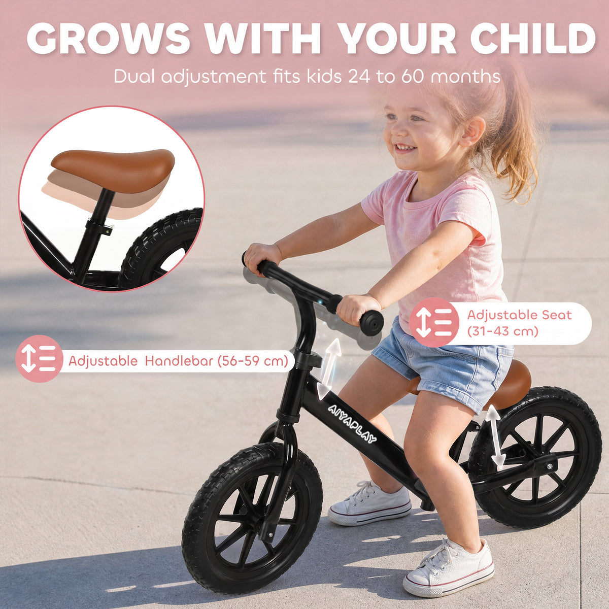 AIYAPLAY Kids Balance Bike | Black or Pink | 84x40x57cm | Ø28.5cm Light-Up EVA Wheels | Seat 31-43cm | Handlebar 56-59cm | 50kg Max | Steel Frame | Age 24-60 Months