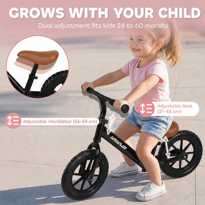 AIYAPLAY Kids Balance Bike | Black or Pink | 84x40x57cm | Ø28.5cm Light-Up EVA Wheels | Seat 31-43cm | Handlebar 56-59cm | 50kg Max | Steel Frame | Age 24-60 Months