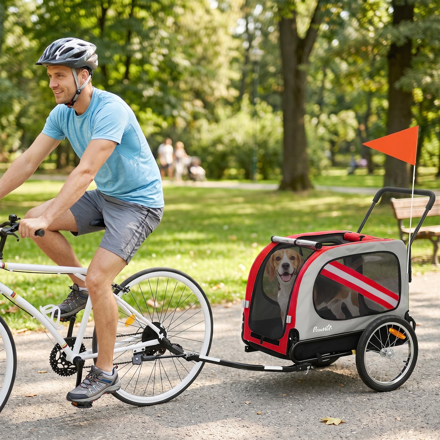 2-in-1 Dog Bike Trailer & Stroller | Mesh Windows | Plastic Curtain | Safety Harness, Flag & Reflectors | Foldable Quick-Release Wheels | Dogs up to 20kg | Red