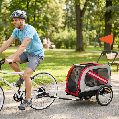 2-in-1 Dog Bike Trailer & Stroller | Mesh Windows | Plastic Curtain | Safety Harness, Flag & Reflectors | Foldable Quick-Release Wheels | Dogs up to 20kg | Red