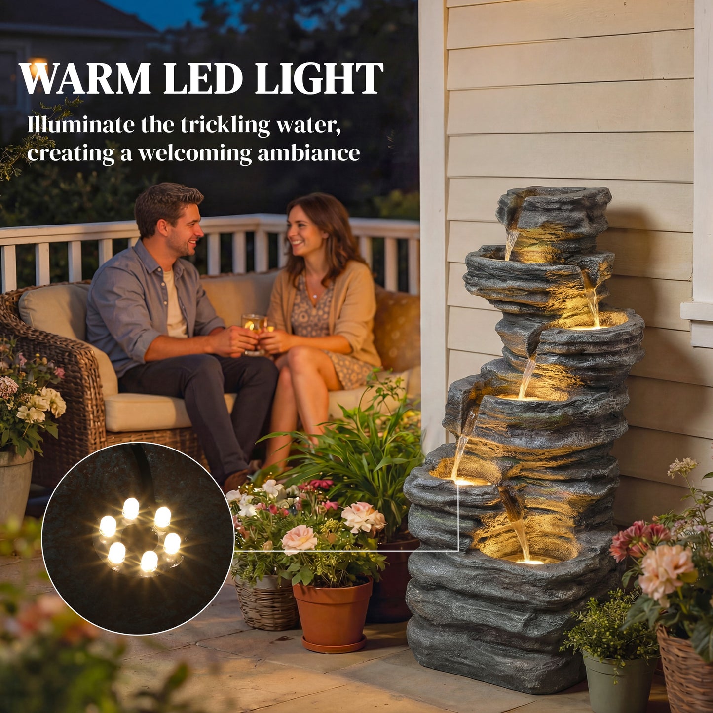 6-Tier Cascading Garden Water Fountain | LED Lights | Resin | Grey | 101.5cm