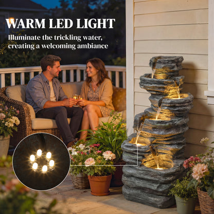 6-Tier Cascading Garden Water Fountain | LED Lights | Resin | Grey | 101.5cm