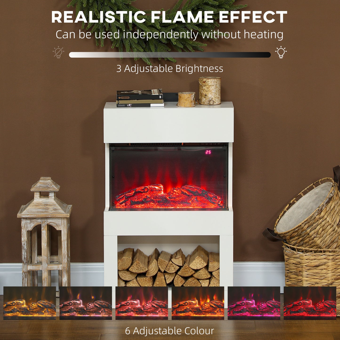 Electric Fireplace with 3D Flame Effect, 6 Colours & 3 Brightness Levels, 1000W/2000W Electric Fire and Mantel Reach up to 30㎡ Space with Remote & Timer