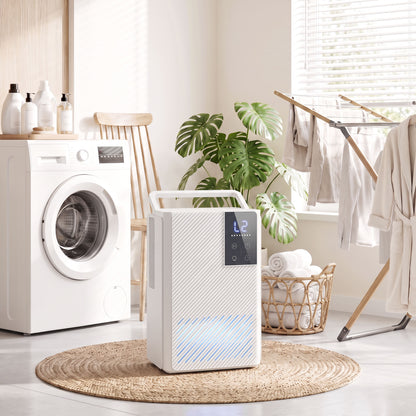 400ml/Day Small Dehumidifier | 2L Tank (120hrs) | 7-Colour RGB Mood Light | 43dB Sleep Mode | 2–24H Timer | LED Touch Panel | Auto Shut-Off & Defrost | 15m² | ABS | 20x14.2x28.6cm | White