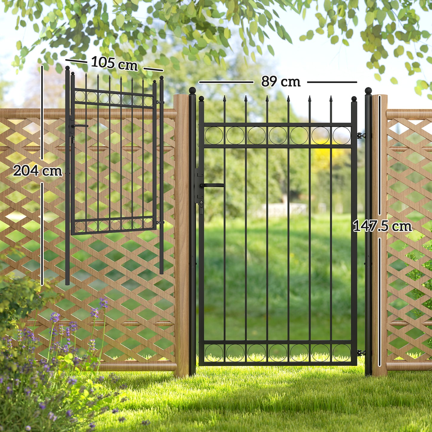Galvanised Steel Garden Gate, Outdoor Fence Gate Security Barrier with Lock, Keys and Handle W/ Classic Finials, 105 x 204 cm, Black