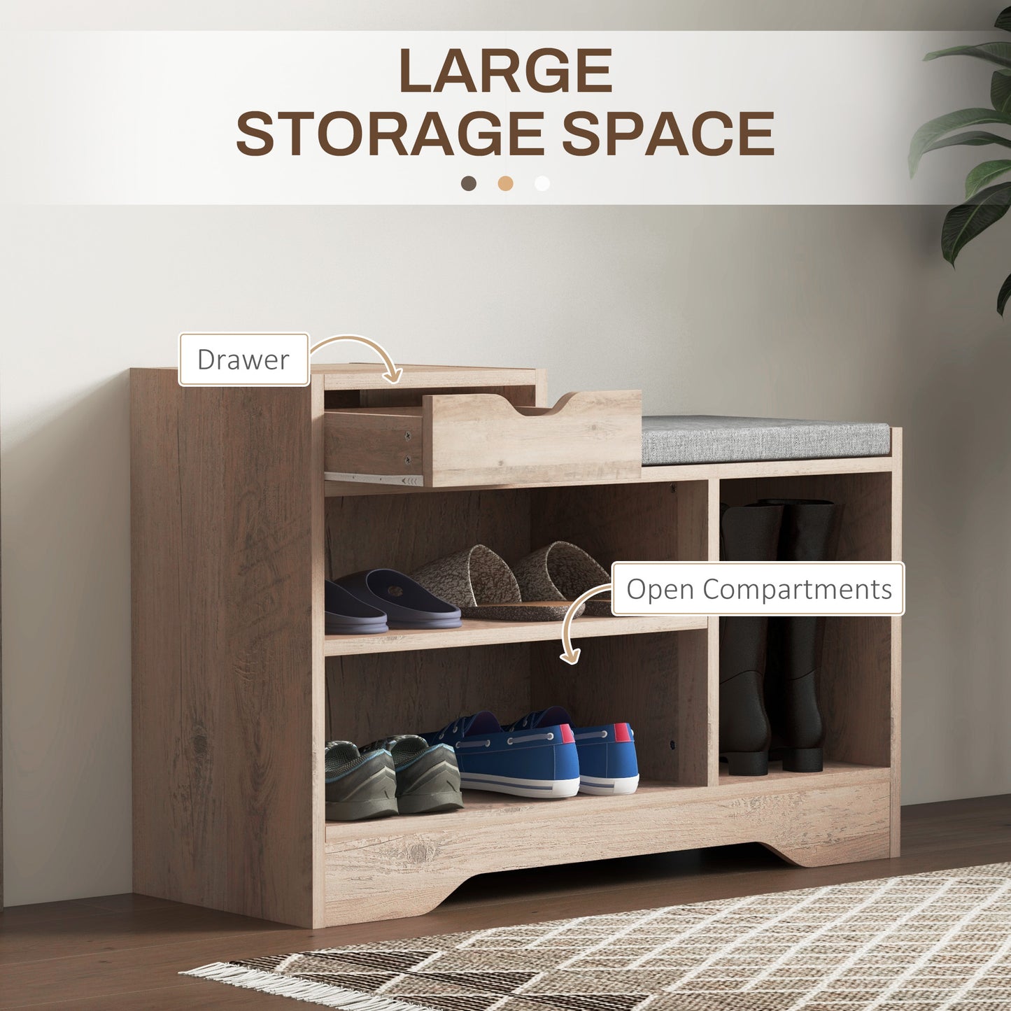 Multi-Compartment Shoe Storage Bench, with Seat - Grey