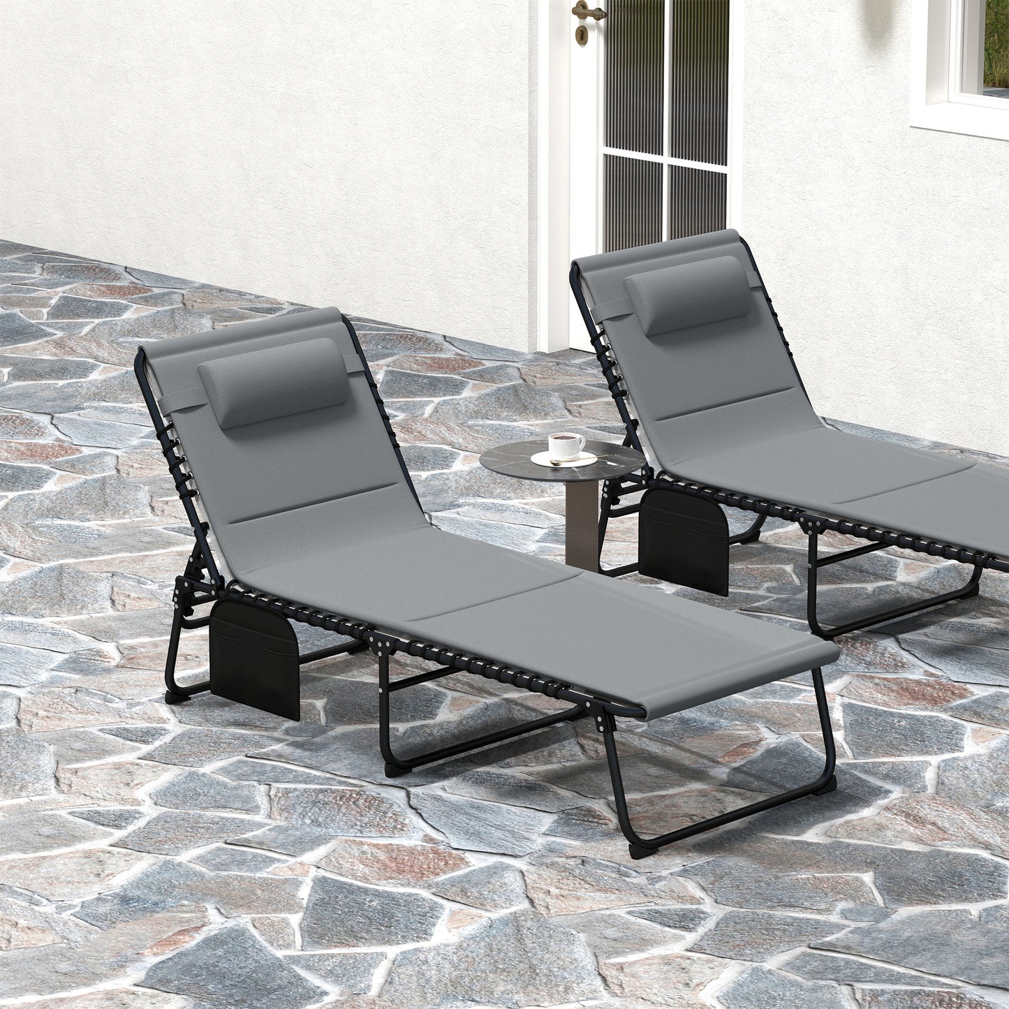 Outsunny Folding Sun Loungers Set of 2, Recliner Garden Chairs with Quick Drying Pad, Garden Sun Loungers for Beach Pool, Charcoal Grey