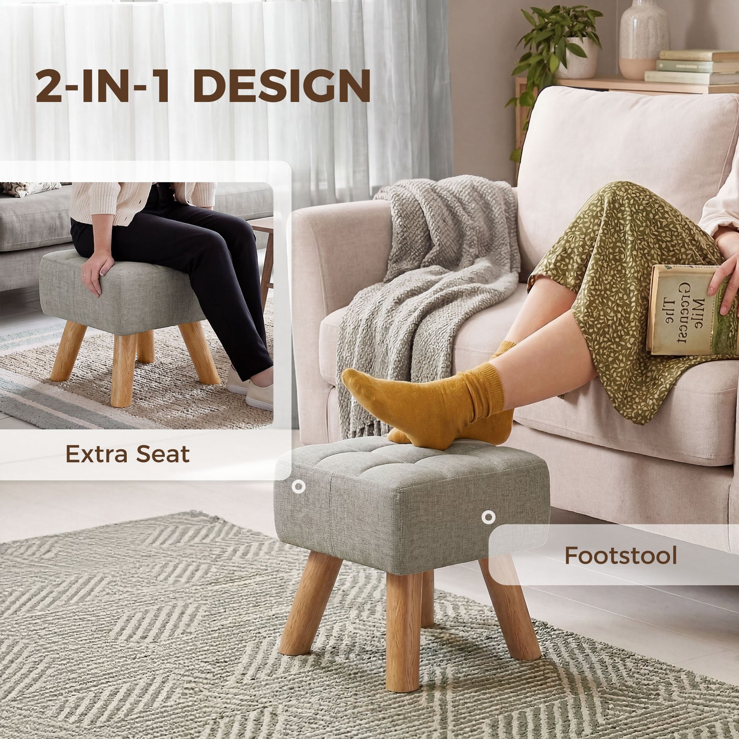 Square Padded Footstool Ottoman Pouffe | Tufted Linen-Look | Light Brown
