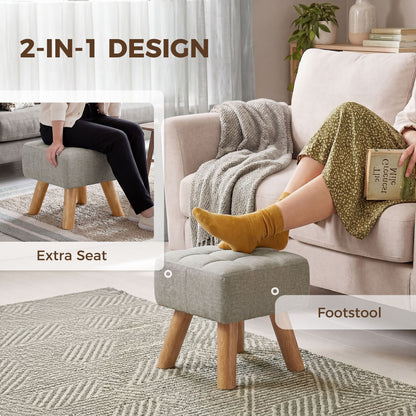 Square Padded Footstool Ottoman Pouffe | Tufted Linen-Look | Light Brown