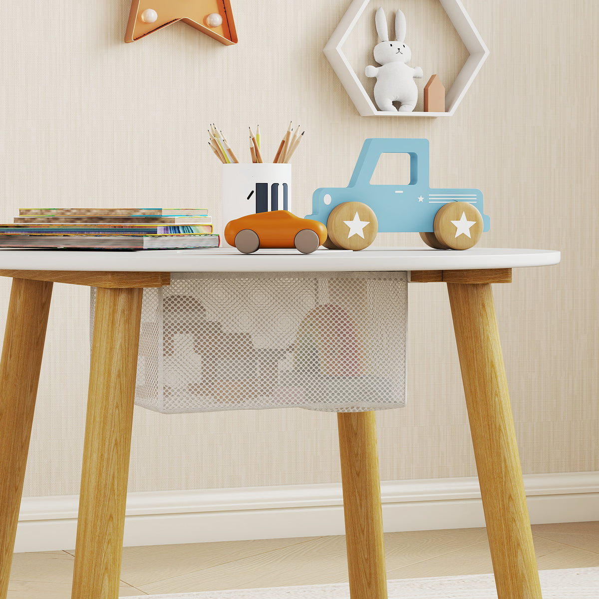 Kids Activity Table & 2 Chair Set | 3-Piece | Bear Backrest | Centre Mesh Storage | Arts & Crafts | Ages 3-6 | White
