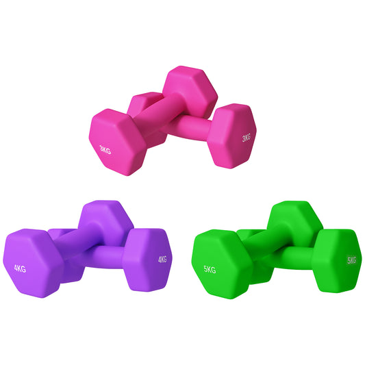 Set of 6 Hex Dumbbells, Weights Pair with Non-Slip Grip, Home Gym Fitness Training Equipment, 2 x 3kg, 2 x 4kg, 2 x 5kg, Pink, Purple, Green