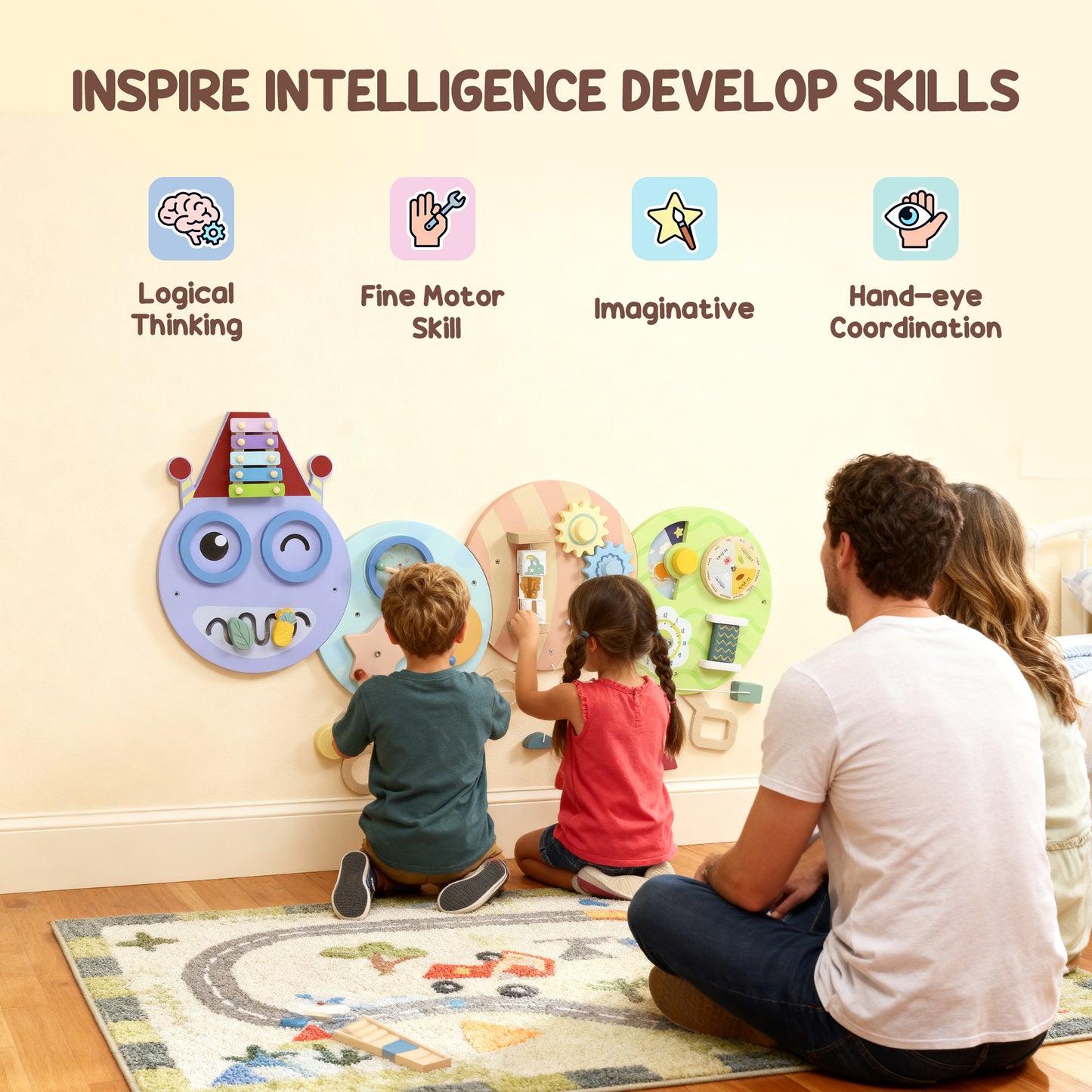 AIYAPLAY Caterpillar Busy Sensory Board with 7 Activities, for Nursery, Playroom, Home, for 3+ Years