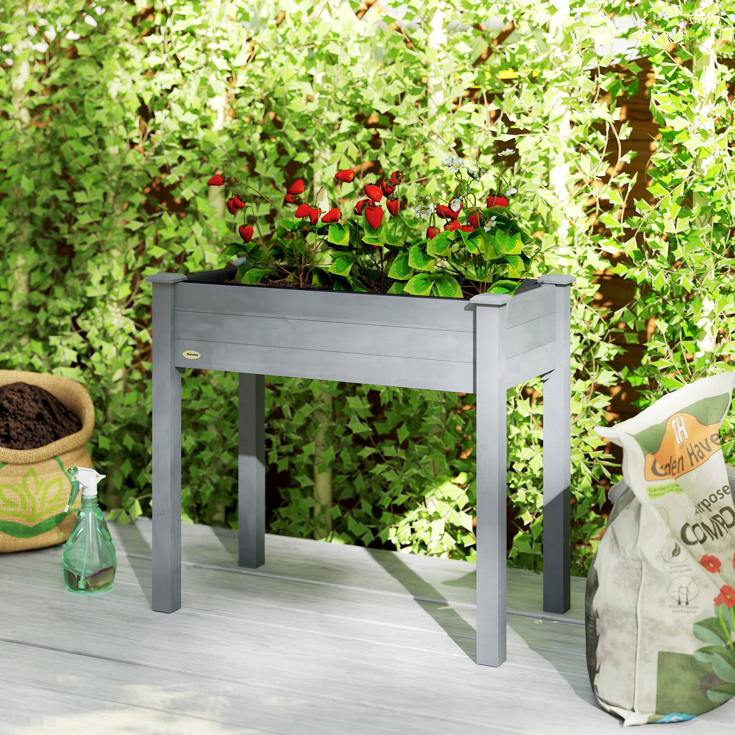 Elevated Fir Wood Raised Garden Bed | Non-Woven Liner | 4 Drainage Holes | 52cm Legs | Water-Resistant Paint | 80kg | 86x46x76cm | Flowers Veg & Herbs | Dark Grey