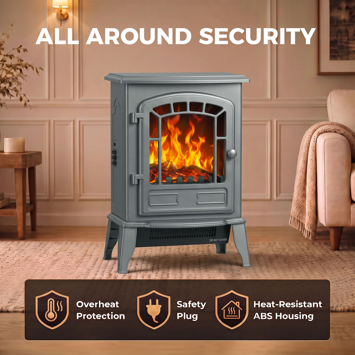 Freestanding Electric Fireplace Stove | 1000W/2000W | LED Flame Effect | Adjustable Thermostat | Grey