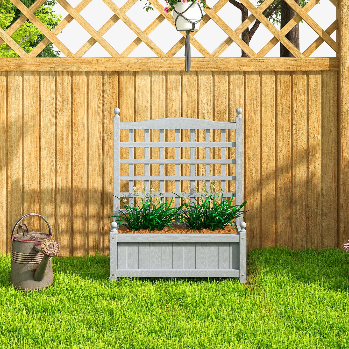 Fir Wood Planter with Back Trellis | 2-in-1 Design | 50kg Capacity | 2 Drainage Holes | Indoor & Outdoor Use | 64x28x75cm | Grey