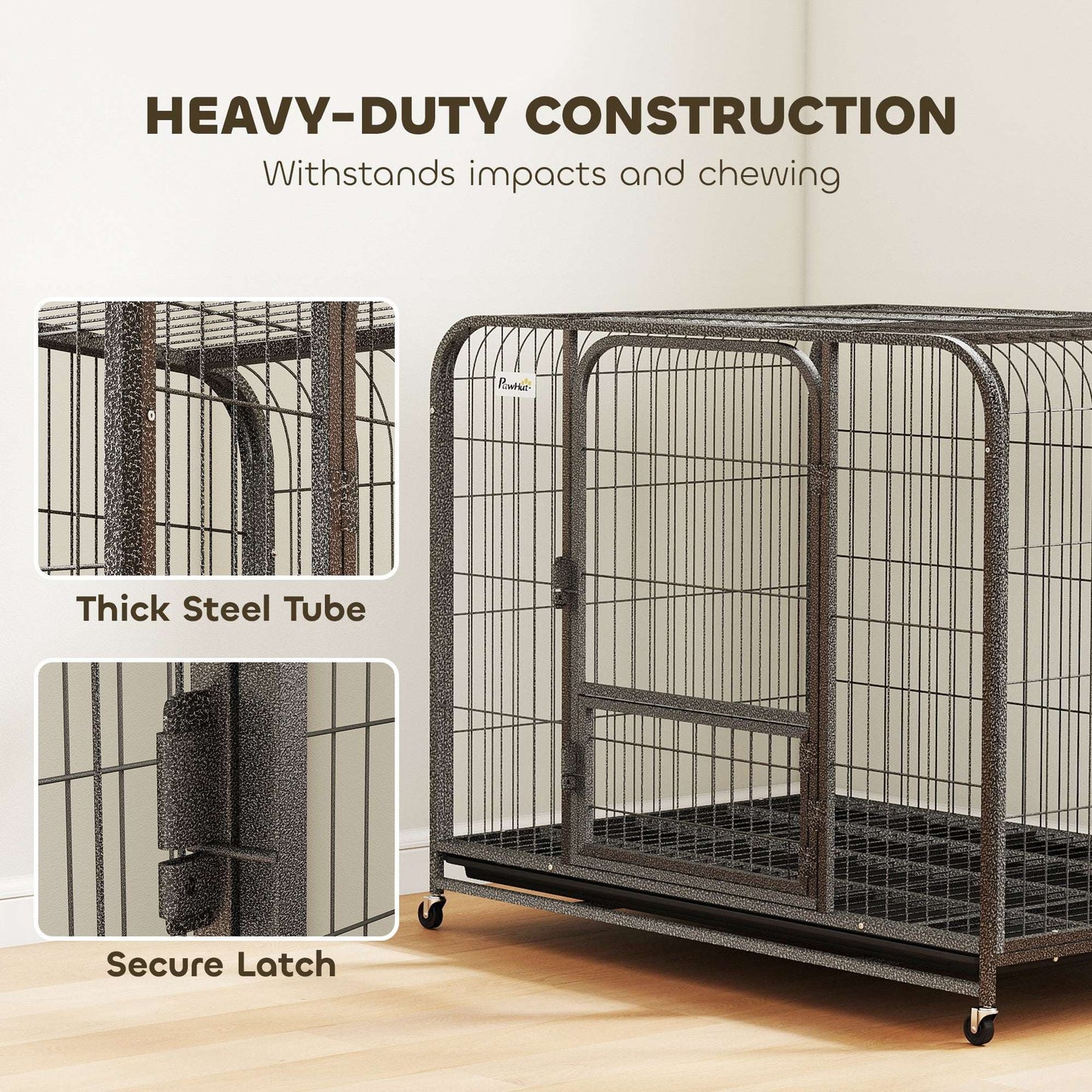 Heavy Duty Dog Crate | 116x77x88cm | 3 Doors | Slide-Out Tray | 4 Wheels | Raised Base | 30kg | Black