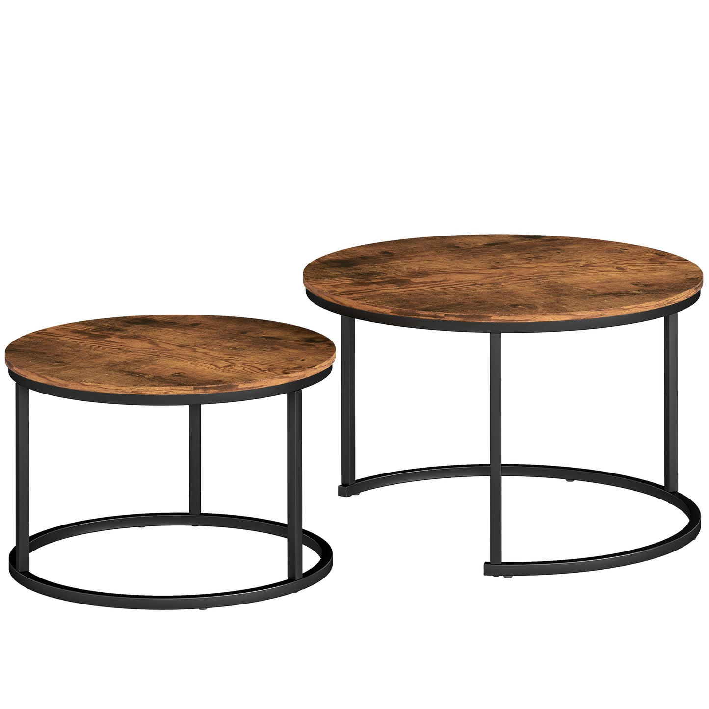 Coffee Table Set of 2, Round Nest of Tables with Metal Frame, Modern Side Tables for Living Room, Rustic Brown