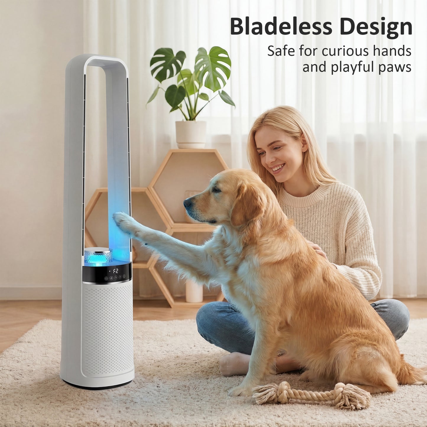 Bladeless Tower Fan | 36dB Sleep Mode | 4-Colour LED & Breathing Mode | 45° Oscillation | 3 Speeds | 12H Timer | 5m Remote | Washable Filter | 85W | 20.6x21.4x93.3cm | White