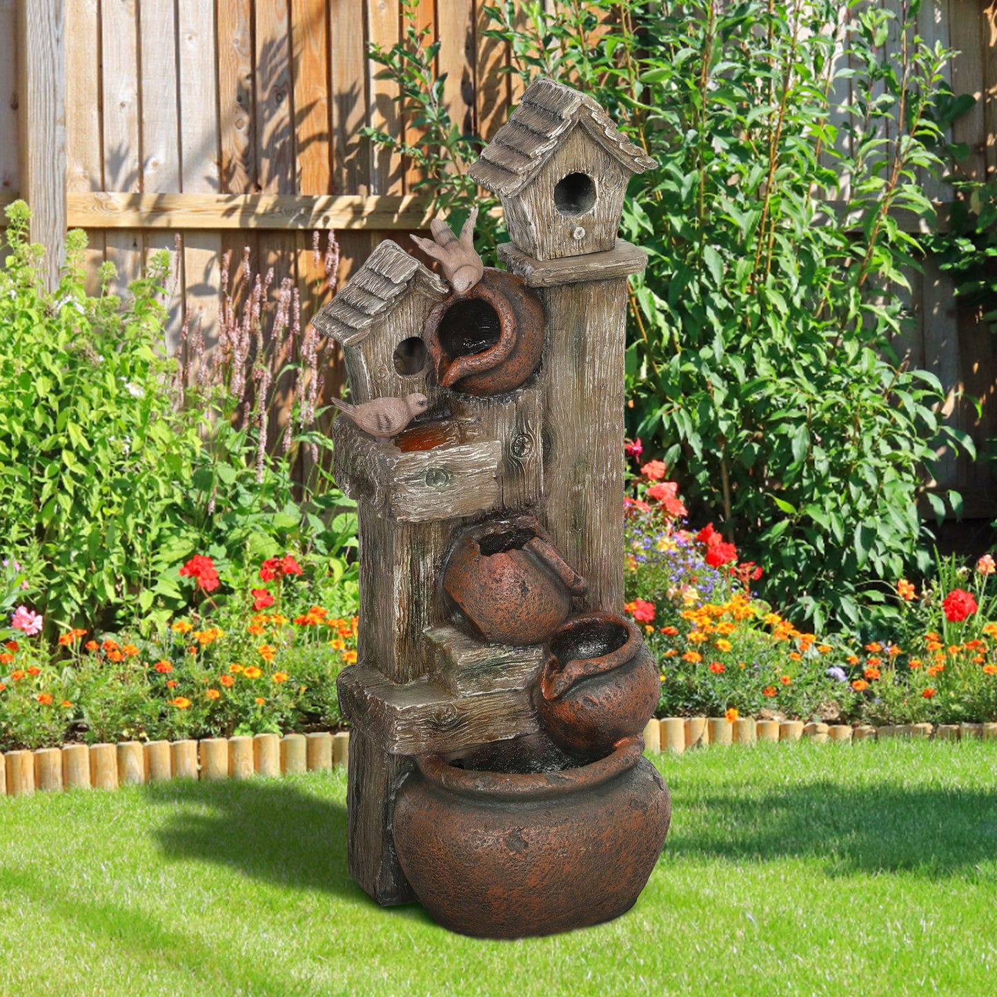 2-in-1 Waterfall Fountain with Birdhouse, Resin Garden Water Fountain with LED Lights Pump, Cascading Garden Water Feature with Tree Trunk Design
