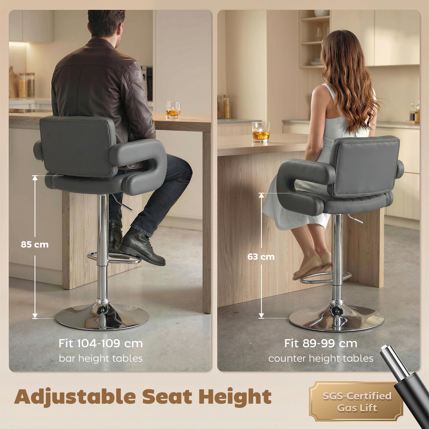 Set of 2 Adjustable Swivel Bar Stools | Padded Armrests | Grey PU Leather