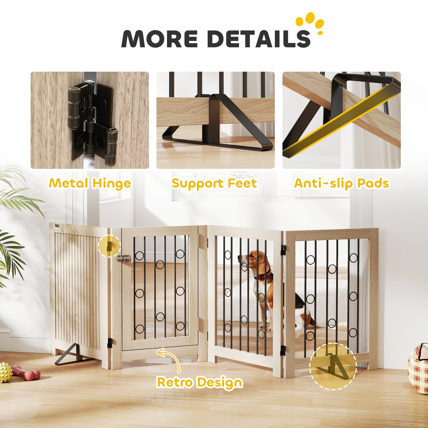 4 Panel Freestanding Pet Gate, Indoor Dog Barrier with Lockable Door, Support Feet, 360° Flexible Hinges, Oak