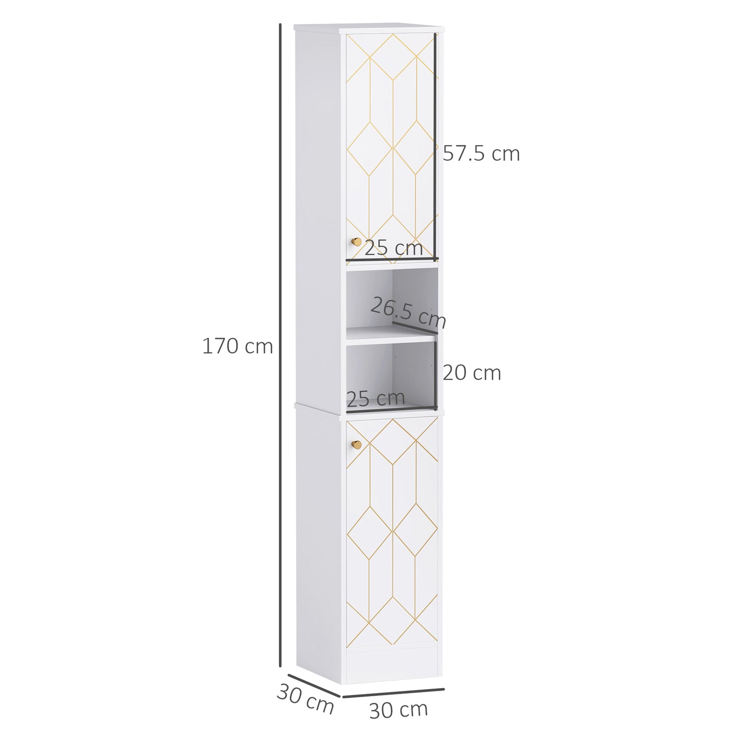 Tall Bathroom Storage Cabinet with Doors | Slim Freestanding | Adjustable Shelves | Gold Tone Handles | White