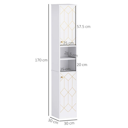 Tall Bathroom Storage Cabinet with Doors | Slim Freestanding | Adjustable Shelves | Gold Tone Handles | White