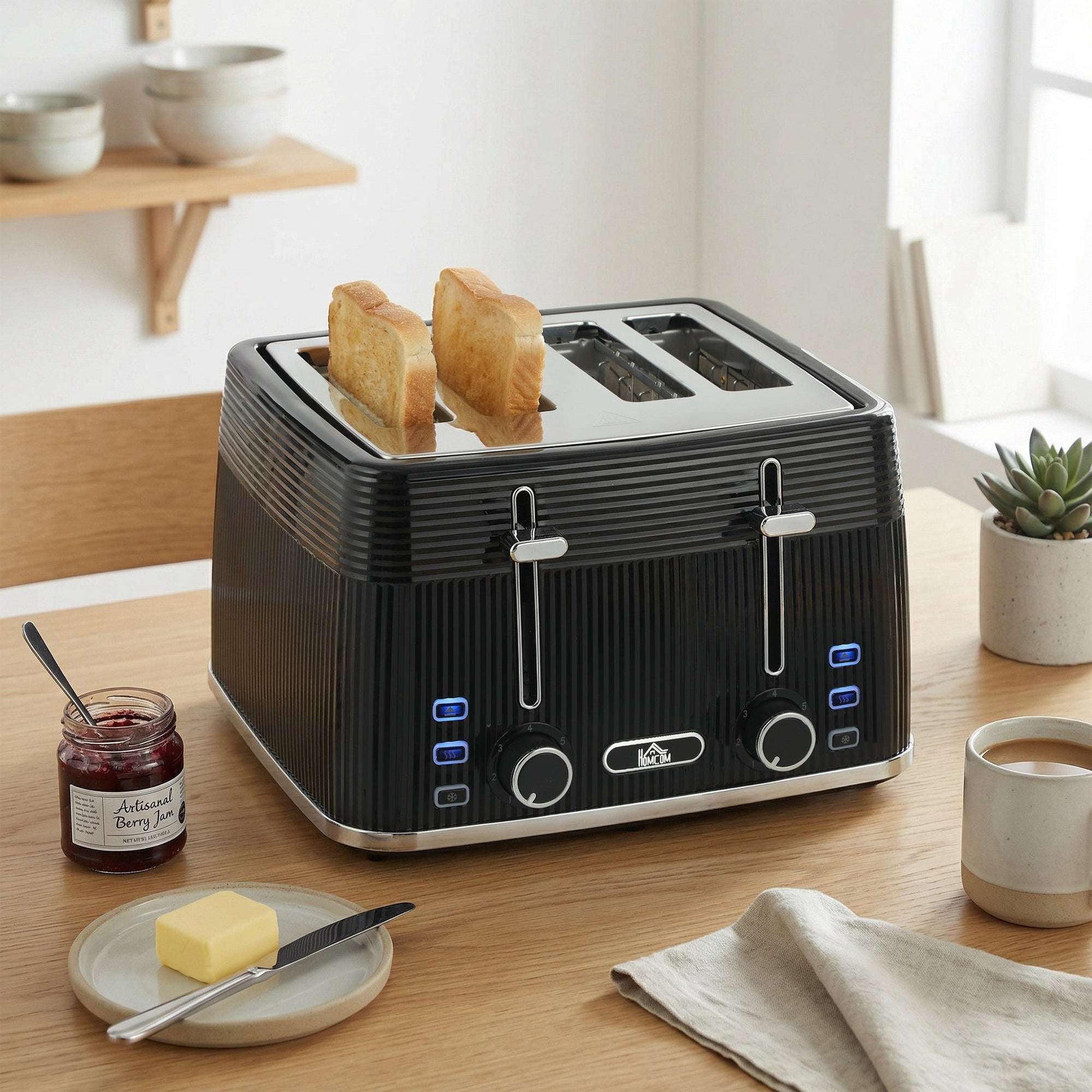 4-Slice Toaster | Dual Independent Controls | 7 Browning Settings | Defrost Reheat Cancel | Auto-Centering Guides | 2 Removable Crumb Trays | 1560-1860W | 29.3x27.3x18.9cm | Black