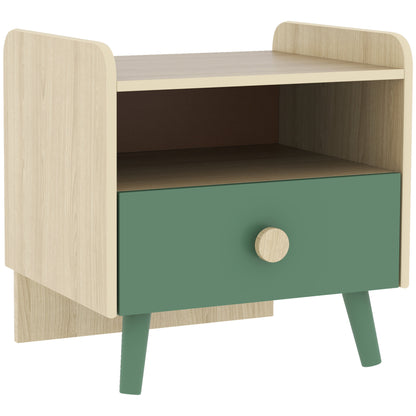 Kids Bedside Table with Drawer & Open Storage Shelf | Pine Legs | Wipe-Clean Melamine Surface | 40x32.5x40cm | Ages 3–10 | 5kg Capacity | MDF & Pine | Assembly Required | Green