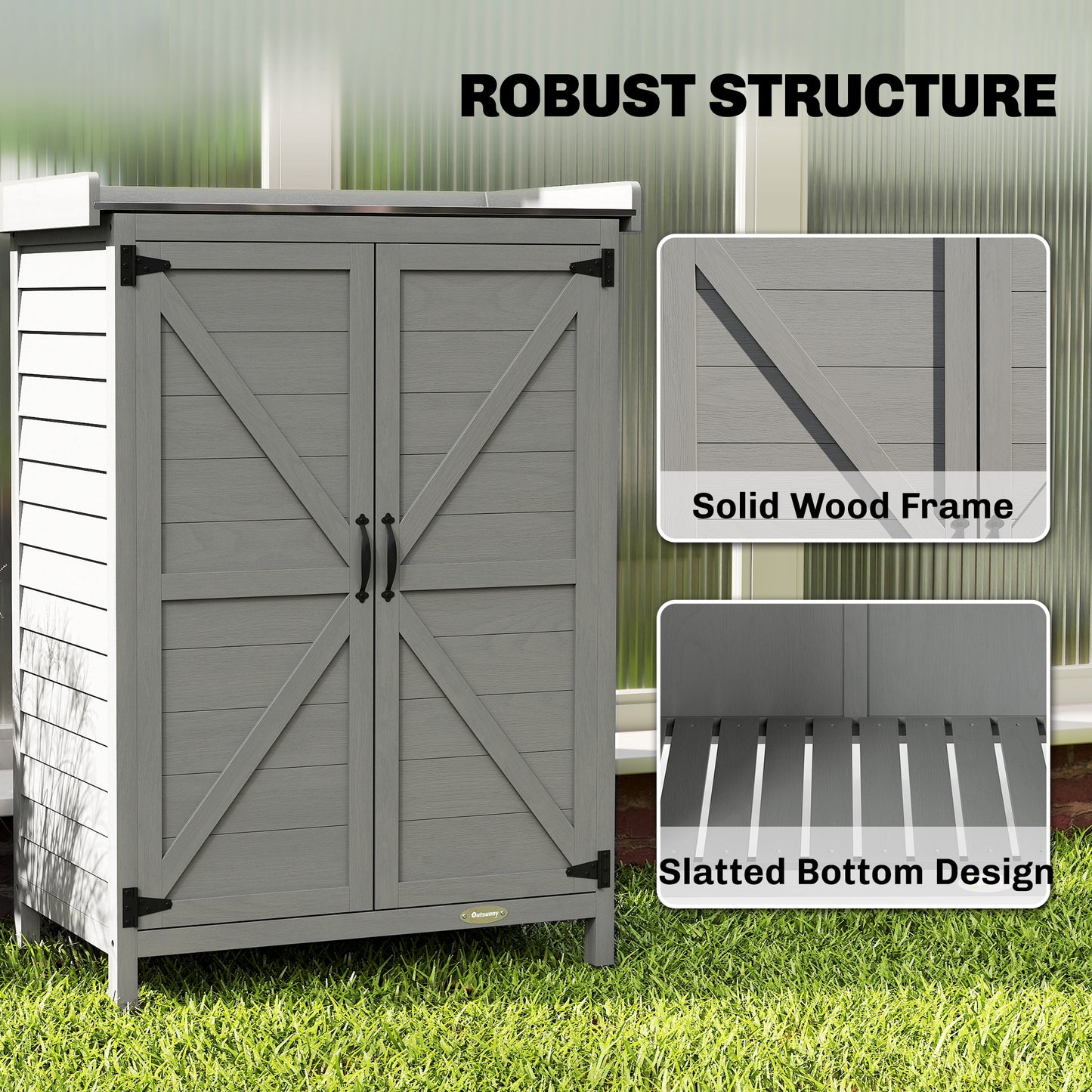 2-in-1 Fir Wood Potting Table & Garden Tool Storage Shed | Galvanised Metal Worktop | Double Doors | Shelf | Side Hooks | Raised Base | Water-Based Paint | 71.5x39x95cm | 30kg Capacity | Grey