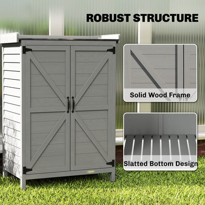 2-in-1 Fir Wood Potting Table & Garden Tool Storage Shed | Galvanised Metal Worktop | Double Doors | Shelf | Side Hooks | Raised Base | Water-Based Paint | 71.5x39x95cm | 30kg Capacity | Grey