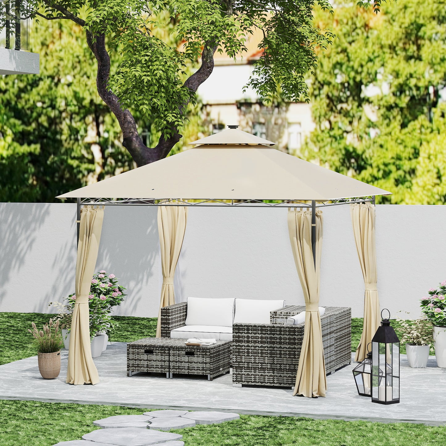 3 x 3 m Garden Gazebo, Double Roof Metal Gazebo with Curtains and Solar-Powered LED Lights, Outdoor Gazebo Canopy Shelter for Patio, Deck