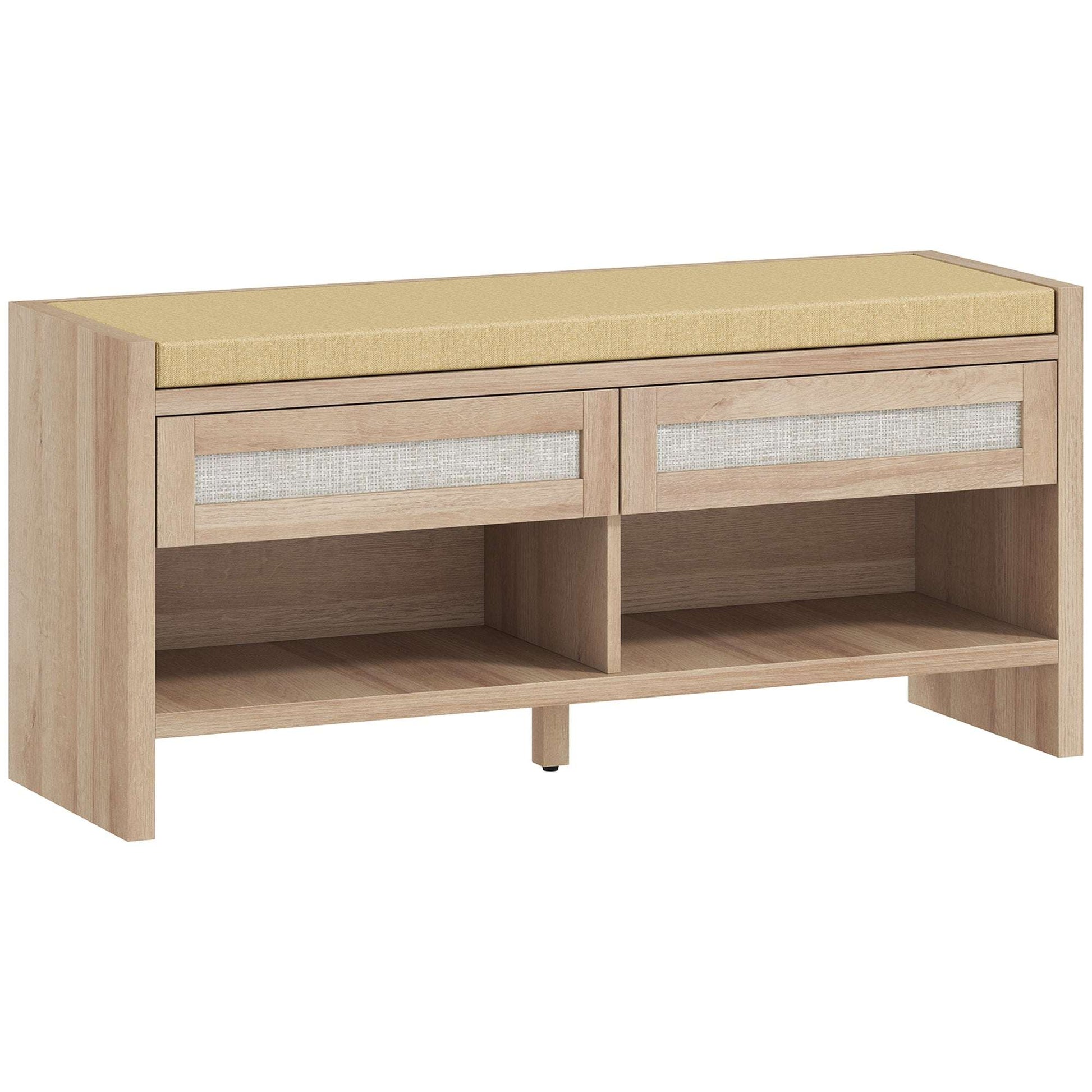 Boho Hallway Shoe Bench | 2 PE Rattan Drawers | Open Shelf | 5cm Foam Padded Seat for 2 | MDF Frame | 180kg Capacity | 105x35x50cm | Oak Wood Effect