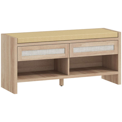 Boho Hallway Shoe Bench | 2 PE Rattan Drawers | Open Shelf | 5cm Foam Padded Seat for 2 | MDF Frame | 180kg Capacity | 105x35x50cm | Oak Wood Effect