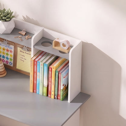 Kids Desk and Chair Set | Adjustable Tablet Stand | Cork Board | Pen Holder | 3-Tier Bookshelf | Upper Cubbies & Cabinets | E1 MDF | Rounded Corners | Anti-Tip | 90x39x95cm Table | Ages 3–12 | Grey & Pink
