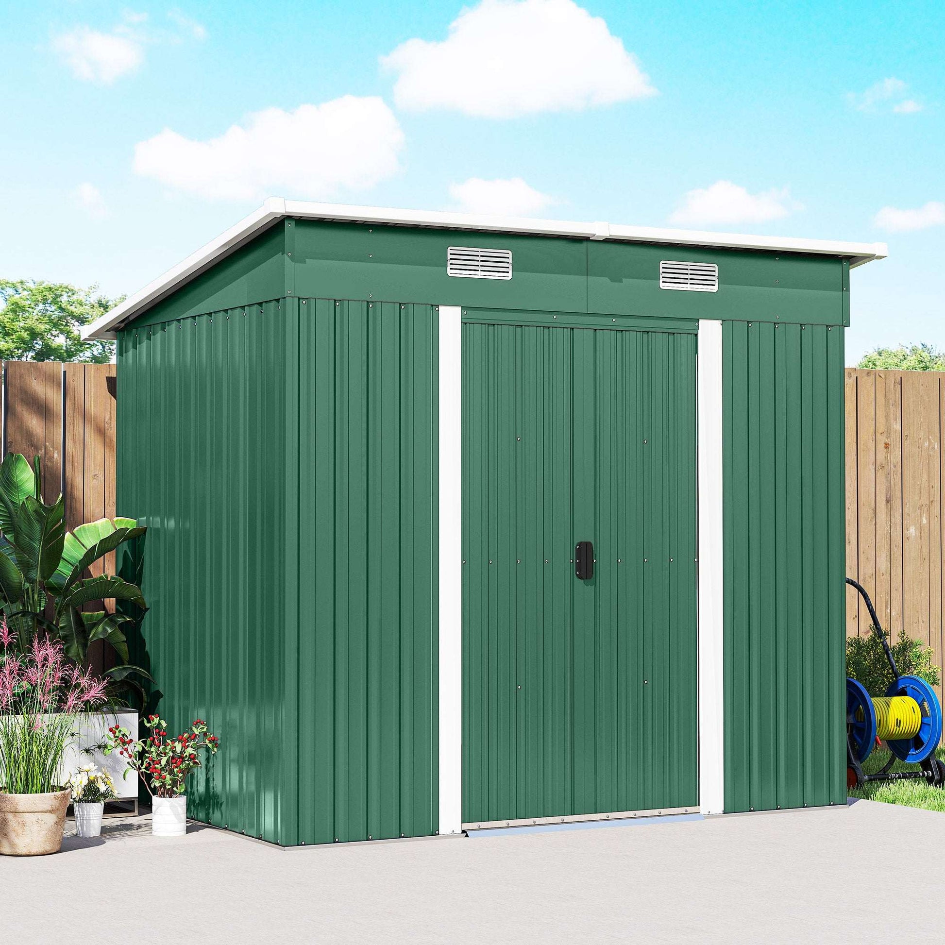 Corrugated Galvanised Steel Garden Storage Shed | Sliding Door | 2 Front Vents | Sloped Roof | Foundation Kit | 203x130x182cm | Bikes Tools Logs & Bins | Green