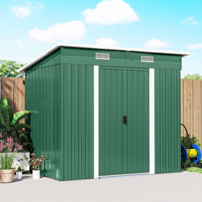 Corrugated Galvanised Steel Garden Storage Shed | Sliding Door | 2 Front Vents | Sloped Roof | Foundation Kit | 203x130x182cm | Bikes Tools Logs & Bins | Green