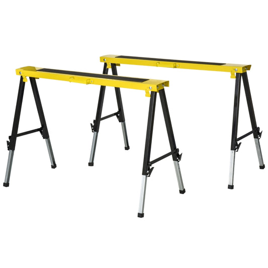 DURHAND Steel Set-of-2 Foldable Adjustable Saw Horses Tools / Yellow