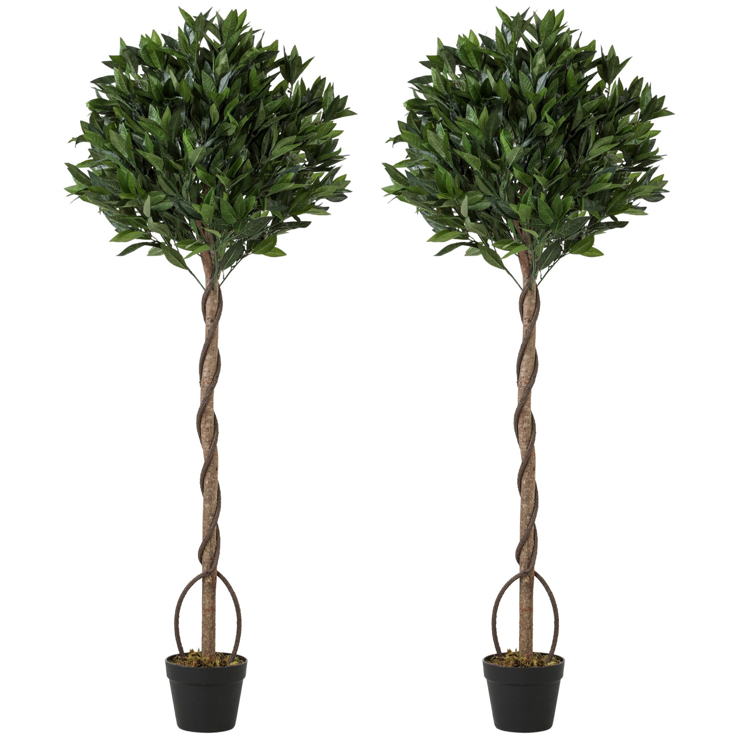 Set of 2 Artificial Bay Laurel Topiary Trees | 1209 PE Leaves | Twisted Trunk | Bendable Branches | UV-Resistant | Weighted Cement Pots | Indoor & Outdoor | 50 x 150cm | Green