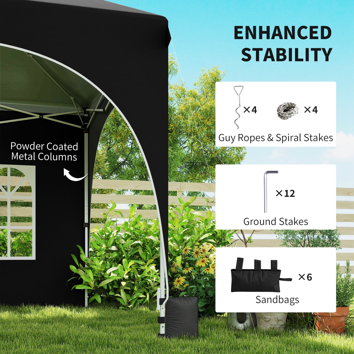 3x6m Peak-Top Pop-Up Party Gazebo | 15-20 People | UPF30+ 210D Oxford Fabric | 6 Sidewalls | 4 Windows & 2 Zipper Doors | 3 Height Settings | 12 Drainage Holes | Stakes, Ropes & Sandbags | Carry Bag | Black