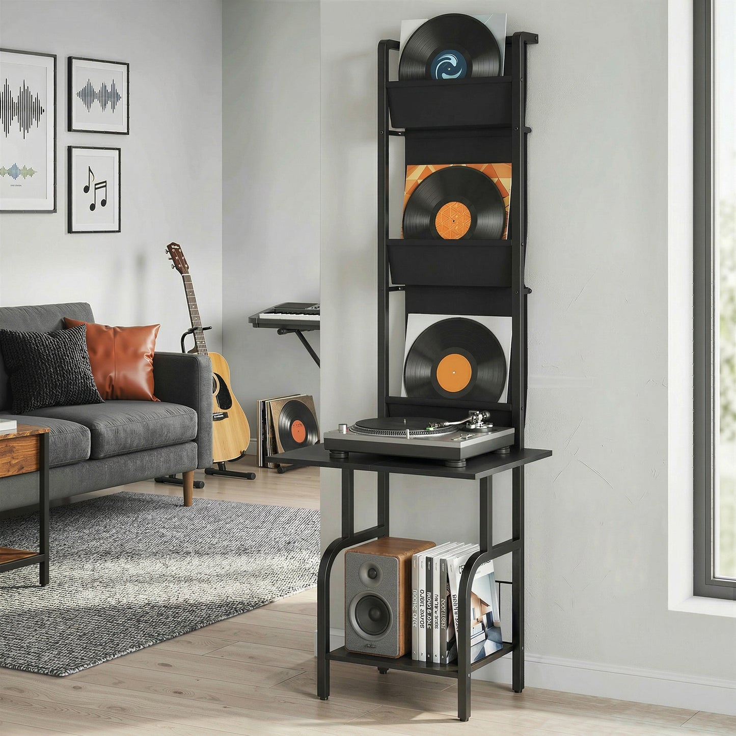 Vinyl Record Player Stand | 4 Oxford Fabric Sling Shelves | 40 CD Capacity | Industrial Black Metal Frame | Anti-Tip Hardware | Adjustable Feet | 23kg Total Capacity | 50x48.5x144cm | Black