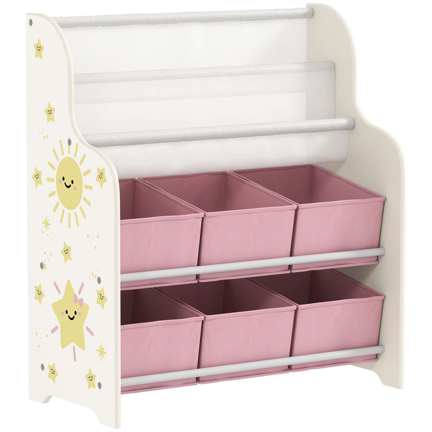 AIYAPLAY Kids Storage Unit, Toy Organiser with 6 Fabric Drawers and 2-Tier Sling Book Rack for Bedroom, Playroom, Nursery, Pink